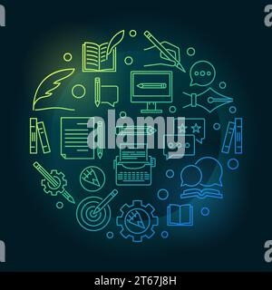 Author vector colored round concept illustration made with outline icons on dark background Stock Vector