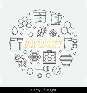 Apiary vector circular illustration. Word Apiary and Honey and beekeeping outline icons in circle shape Stock Vector
