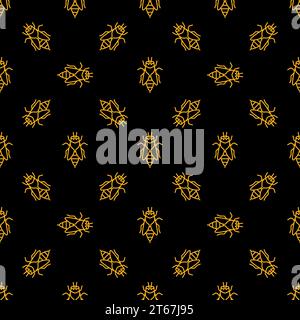 Bee vector dark seamless background or pattern in thin line style Stock Vector