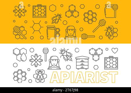 Apiarist vector horizontal illustrations in thin line style. Set of 2 Apiarist banners Stock Vector