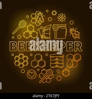 Beekeeper vector yellow round illustration in thin line style on dark background Stock Vector