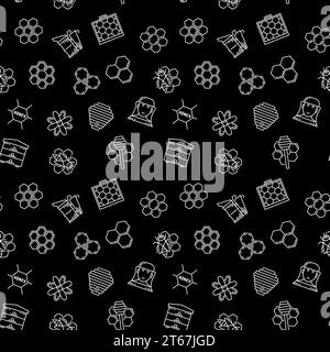 Beekeeping and Apiary dark vector seamless background or pattern made outline honey bees, beehives, beekeeper icons Stock Vector