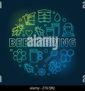 Beekeeping round vector creative illustration made with bee, honey, honeycomb, apiary icons in thin line style on dark background Stock Vector