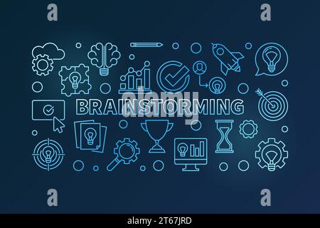 Brainstorming blue vector outline horizontal illustration. Brainstorm concept banner on dark background Stock Vector