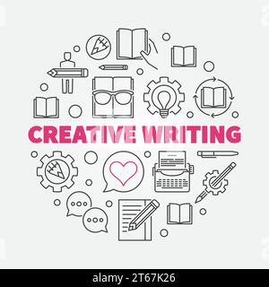 Creative writing vector round concept illustration made with outline icons Stock Vector
