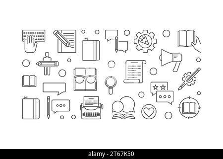 Content Strategy vector concept horizontal illustration made with outline icons Stock Vector