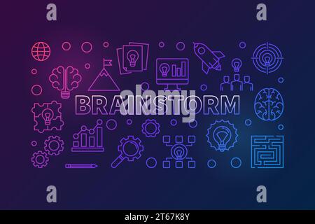 Brainstorm outline colorful horizontal illustration. Vector Brainstorming concept banner in thin line style on dark background Stock Vector