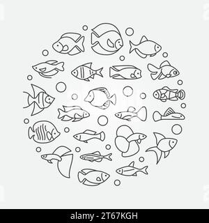 Aquarium fish illustration - vector round minimal symbol made with icons of outline freshwater and saltwater fish Stock Vector