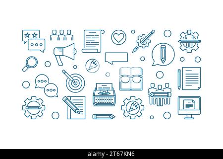 Creative writing vector concept horizontal banner made with thin line icons on white background Stock Vector