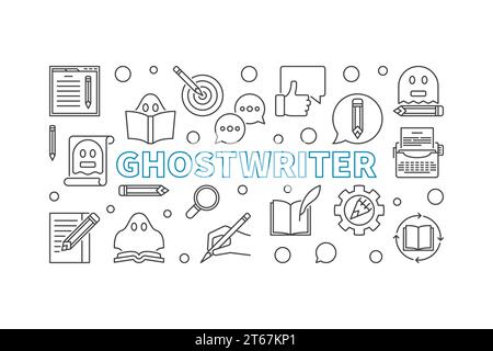 Ghostwriter vector horizontal banner or illustration made with ghostwriting thin line icons on white background Stock Vector