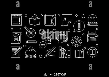 Ghostwriter horizontal outline illustration. Vector banner made with ghostwriting thin line icons on dark background Stock Vector