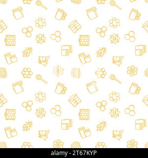 Seamless vector pattern with yellow beekeeping outline icons Stock Vector
