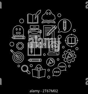Ghostwriter vector round illustration made with ghostwriting thin line icons on dark background Stock Vector