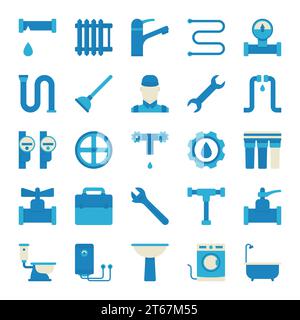 Plumbing icons set - vector flat concept symbols for plumbing service company on white background Stock Vector