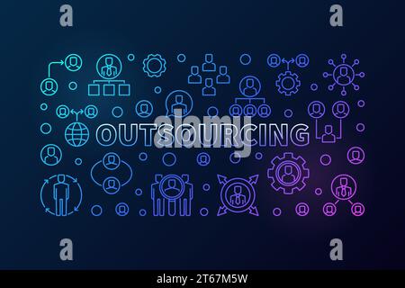Outsourcing horizontal colored illustration - vector banner made with outsource linear icons on dark background Stock Vector