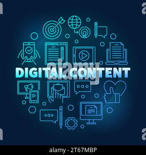 Digital Content round blue outline vector minimal illustration on dark background Stock Vector