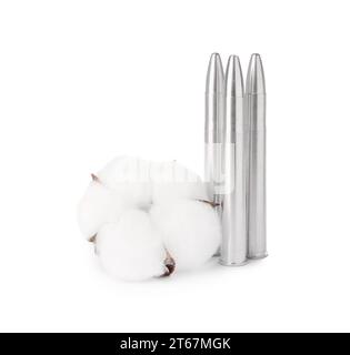 Bullets and beautiful cotton flower isolated on white Stock Photo