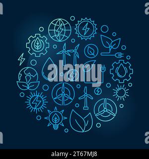 Alternative Energy circular blue illustration. Vector round creative symbol made with solar, bio, wind and water power outline icons on dark backgroun Stock Vector