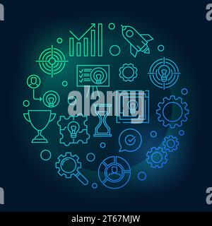 Business Strategy round colored vector illustration in thin line style on dark background Stock Vector