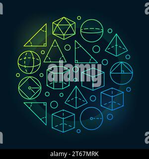 Trigonometry and geometry colorful illustration - vector round linear education concept symbol on dark background Stock Vector