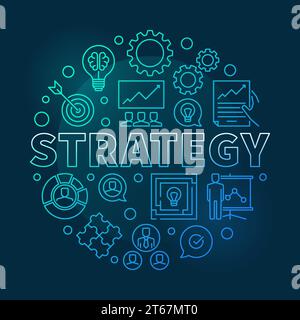 Strategy vector round blue outline illustration on dark background Stock Vector