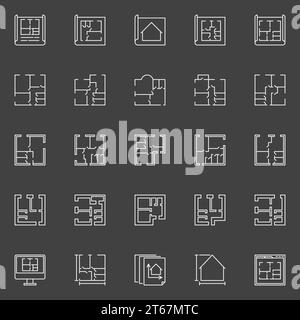 Floor plan icons - vector collection of outline house plans signs on dark background Stock Vector