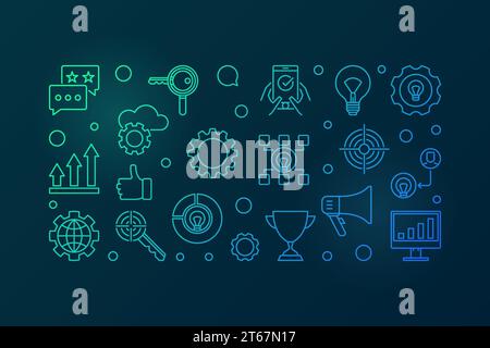 Marketing Strategy vector creative horizontal banner or illustration in outline style on dark background Stock Vector