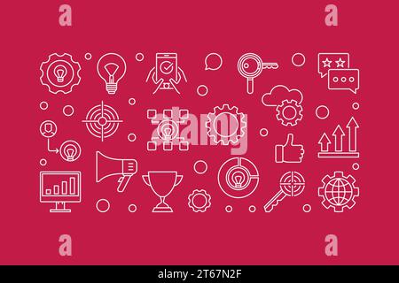 Marketing Strategy vector minimal horizontal banner or illustration in thin line style on red background Stock Vector