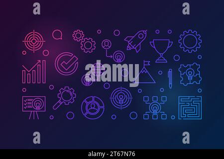 Strategy outline vector colorful horizontal illustration or banner on dark background Stock Vector