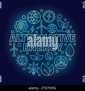 Alternative energy blue illustration - vector round symbol made with wind, solar, water power outline icons Stock Vector