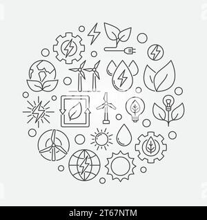 Eco Energy round illustration. Vector green power concept symbol made with wind, solar, water and biomass icons in thin line style Stock Vector