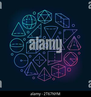 Geometry mathematics colorful illustration. Vector concept round math symbol made with geometric shapes in thin line style on dark background Stock Vector