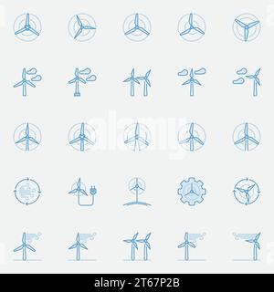 Wind turbine blue icons. Vector creative wind farm concept colorful signs or design elements Stock Vector