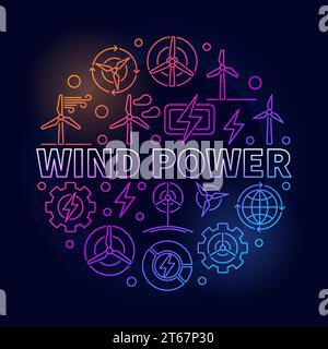Wind power outline colorful illustration. Vector round green energy concept symbol made with thin line wind turbine icons on dark background Stock Vector