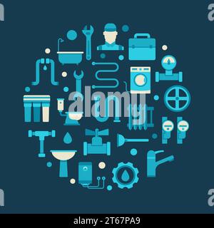 Plumbing circular illustration - vector round symbol made with flat icons of plumbing tools and plumber Stock Vector