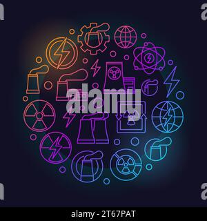 Nuclear power outline colorful illustration. Vector nuclear energy symbol made with linear icons on dark background Stock Vector