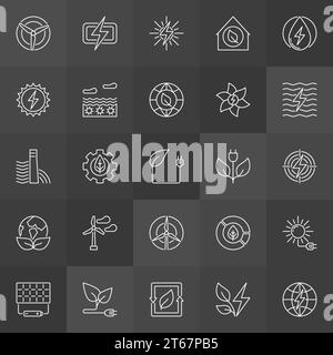 Green eco energy icons - vector set of wind, solar, hydro, bio energy and power outline signs on dark background Stock Vector