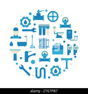 Plumbing repair and service illustration - vector colorful round symbol made with flat plumbing icons Stock Vector