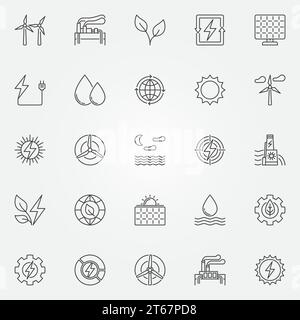 Renewable energy icons set - vector green energy concept symbols or design elements in thin line style Stock Vector
