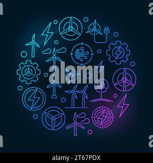 Wind energy circular colorful illustration - vector round renewable energy bright symbol made with wind turbine icons in thin line style on dark backg Stock Vector