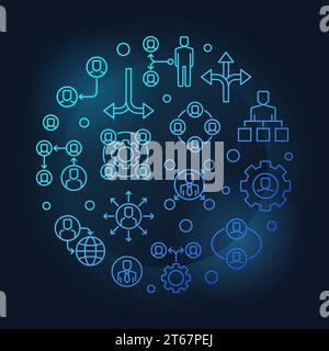 Delegating round vector blue illustration or symbol in thin line style on dark background Stock Vector