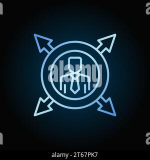 Man in circle with arrows blue outline icon. Vector outsourcing linear symbol on dark background Stock Vector