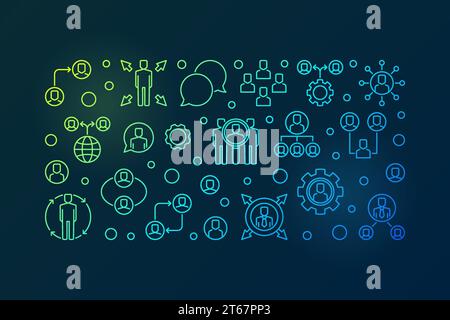 Outsourcing vector creative horizontal banner or illustration in thin line style on dark background Stock Vector