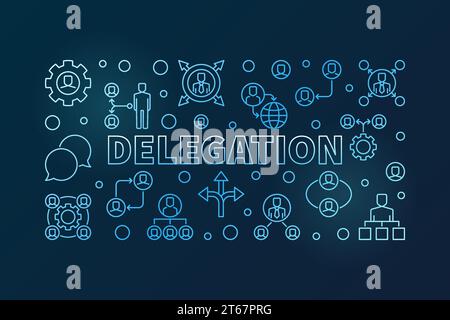 Delegation blue horizontal illustration - vector banner made with delegating outline icons on dark background Stock Vector