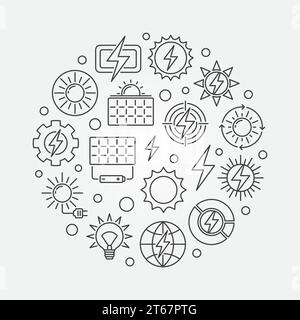Solar power concept illustration - vector circular symbol made with solar panels, energy and electricity outline icons Stock Vector