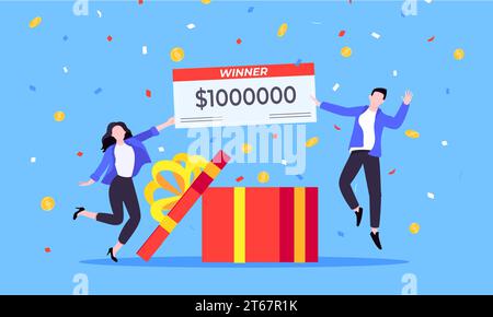 Happy lottery winners with big prize paycheck. Fortune lottery or casino gambling lucky games concept flat style design vector illustration. People ju Stock Vector