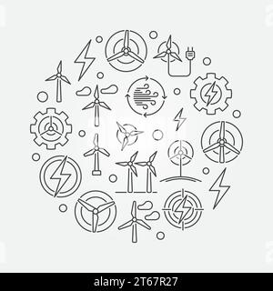 Wind energy circular illustration - vector round renewable energy concept symbol made with wind turbine icons in thin line style Stock Vector