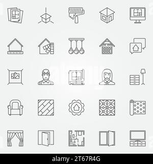 Interior design icons set. Vector architecture symbols for design company signs or design elements in thin line style Stock Vector