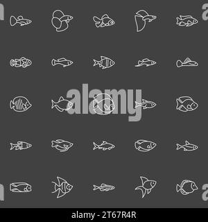 Aquarium fish line icons - vector minimal outline freshwater and saltwater fish signs on dark background Stock Vector