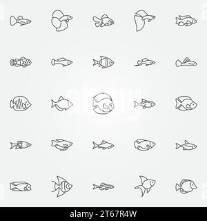Aquarium fish icons - vector set of tropical fish concept symbols or logo elements in thin line style Stock Vector